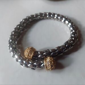 Silver & Gold Plated Popcorn Chain Bracelet Rhinestones Pave 9" Gorgeous Anklet